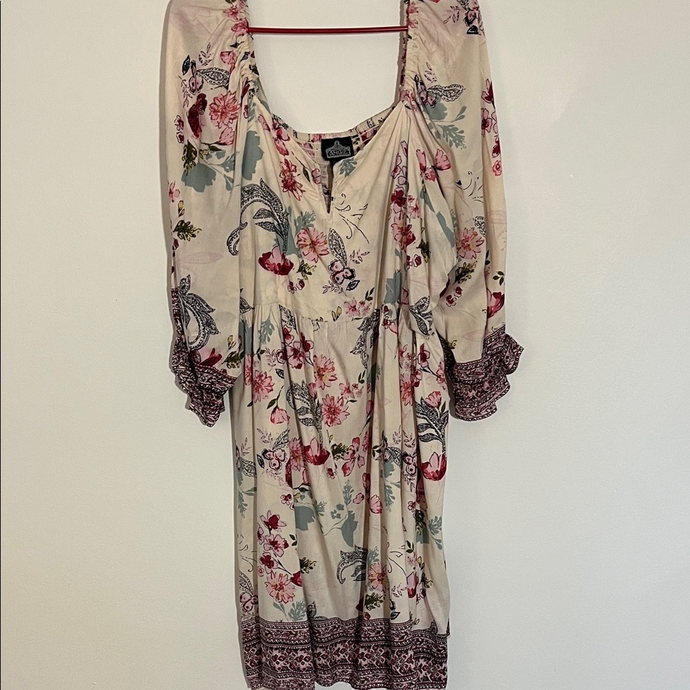 ANGIE  Floral Boho Midi Dress with Pink & Sage Accents